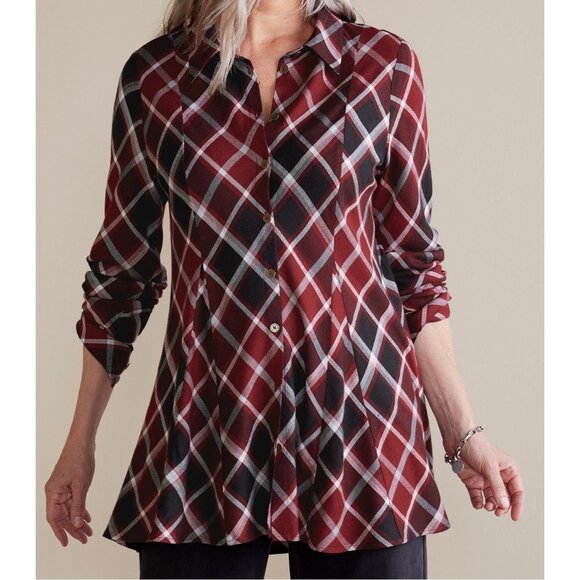 Soft Surroundings Womens Joelle Plaid Tunic Cabernet Plaid Button Front size S - Picture 1 of 14